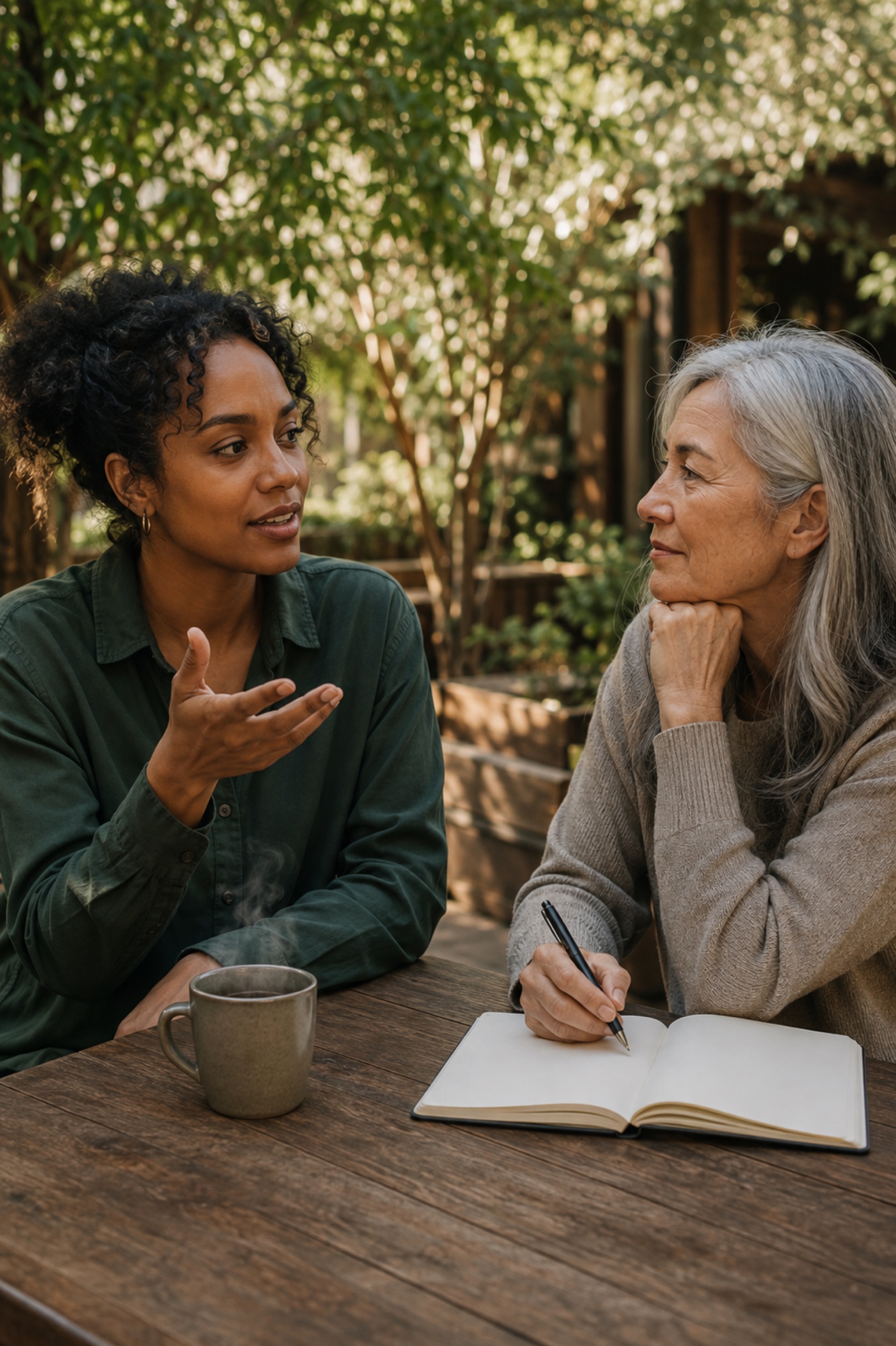 Two colleagues in conversation at an outdoor table, one taking notes in a notebook